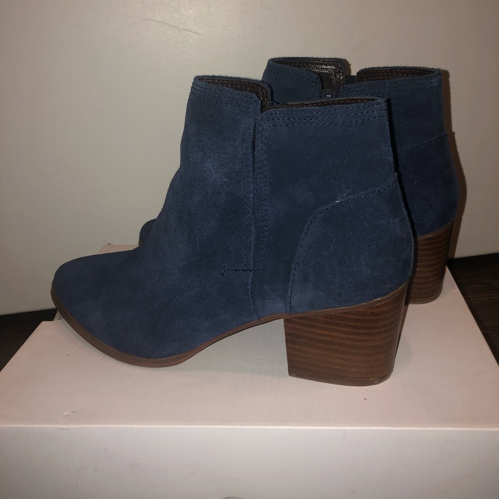 Navy ankle booties with a little heel
